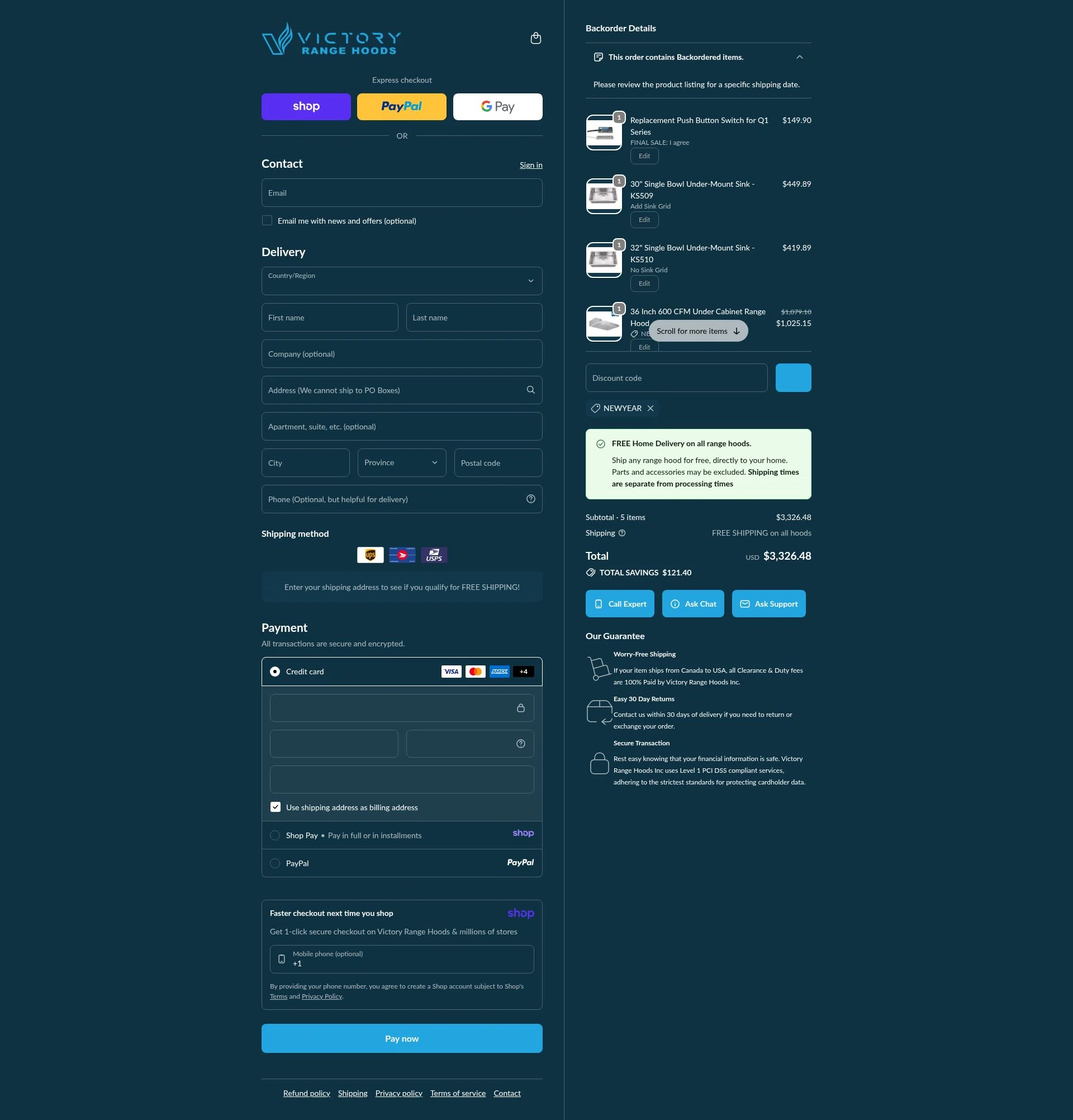 Victory Range Hoods checkout page showing Victory Range Hoods discount code box | Screenshot taken by SimplyCodes community member on Jan 14, 2026