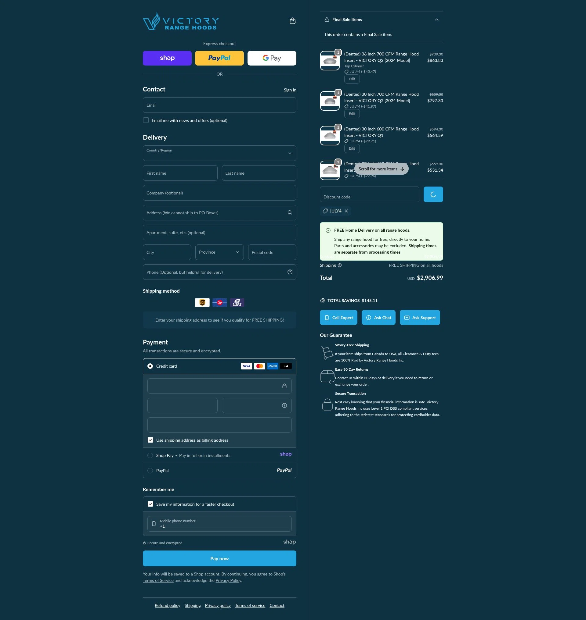 Victory Range Hoods checkout page showing Victory Range Hoods discount code box | Screenshot taken by SimplyCodes community member on Jan 4, 2026