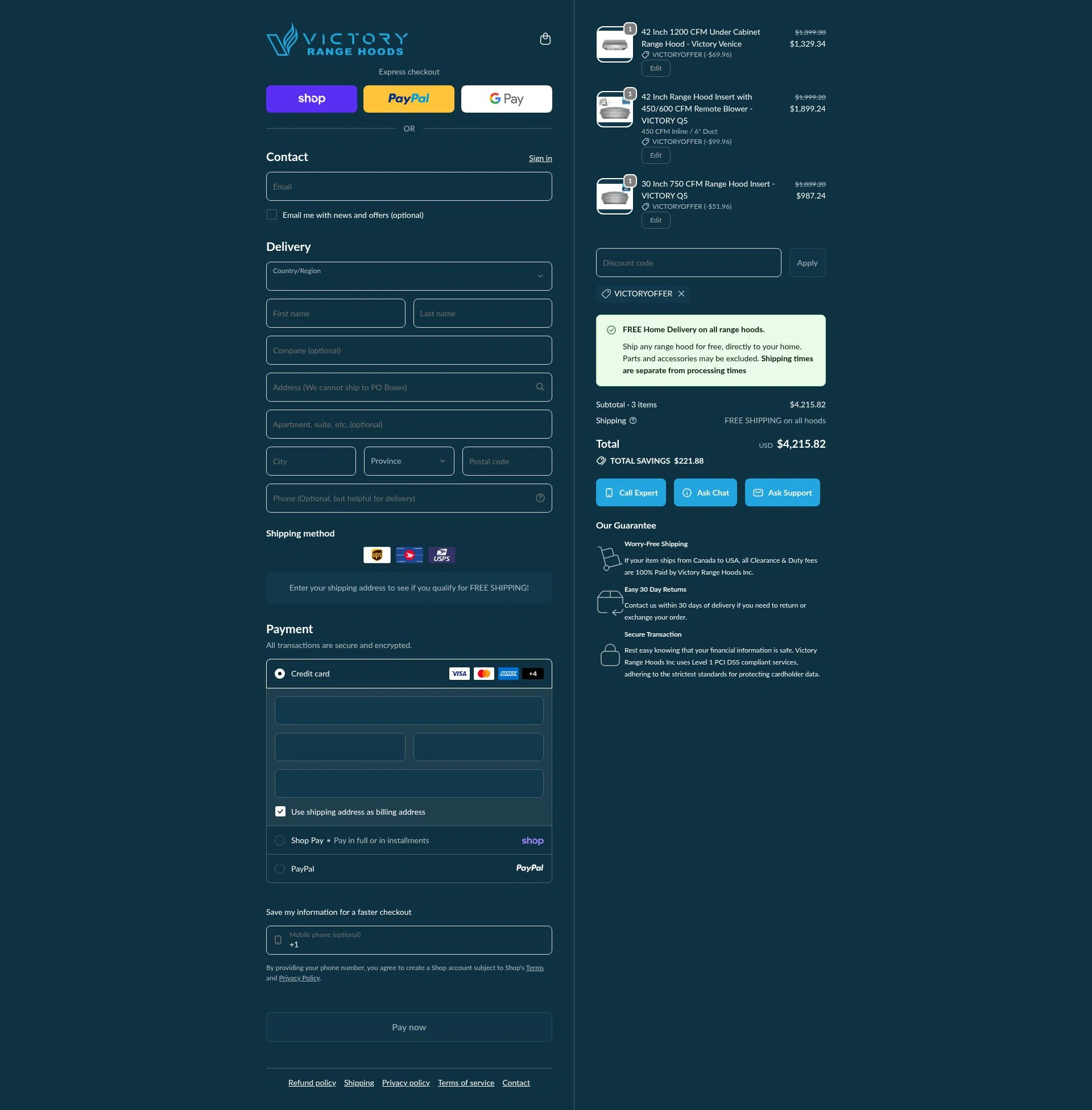 Victory Range Hoods checkout page showing Victory Range Hoods discount code box | Screenshot taken by SimplyCodes community member on Feb 19, 2026