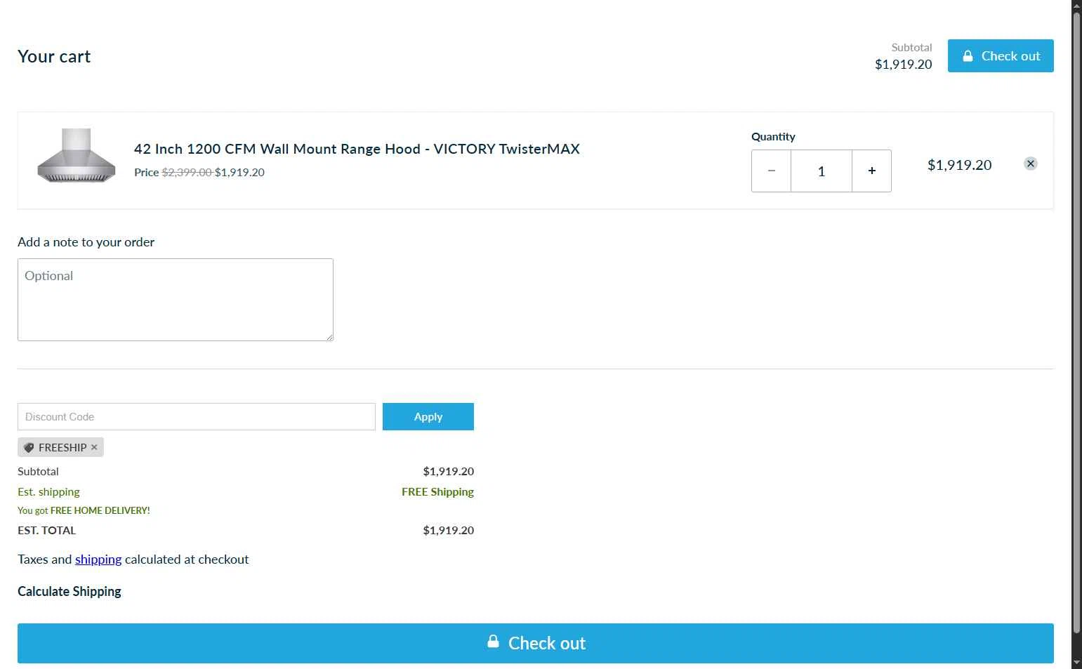 Victory Range Hoods checkout page showing Victory Range Hoods discount code box | Screenshot taken by SimplyCodes community member on Feb 11, 2026