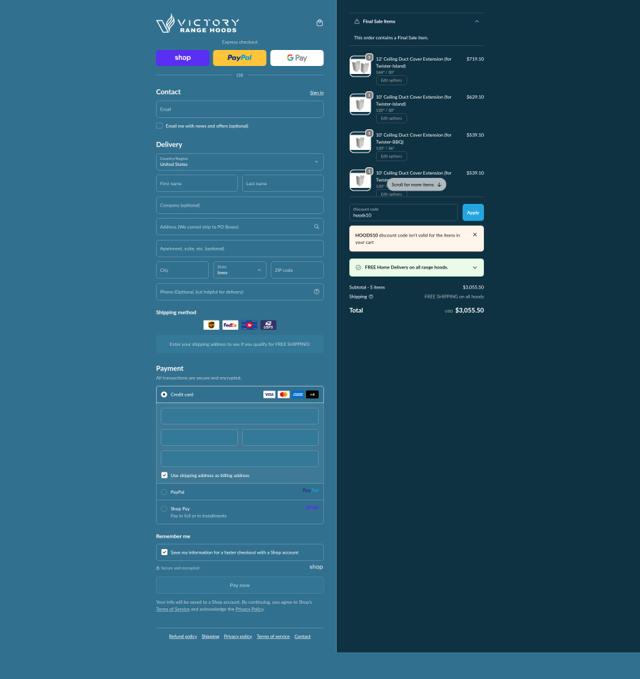 Victory Range Hoods checkout page showing Victory Range Hoods discount code box | Screenshot taken by SimplyCodes community member on Oct 1, 2025