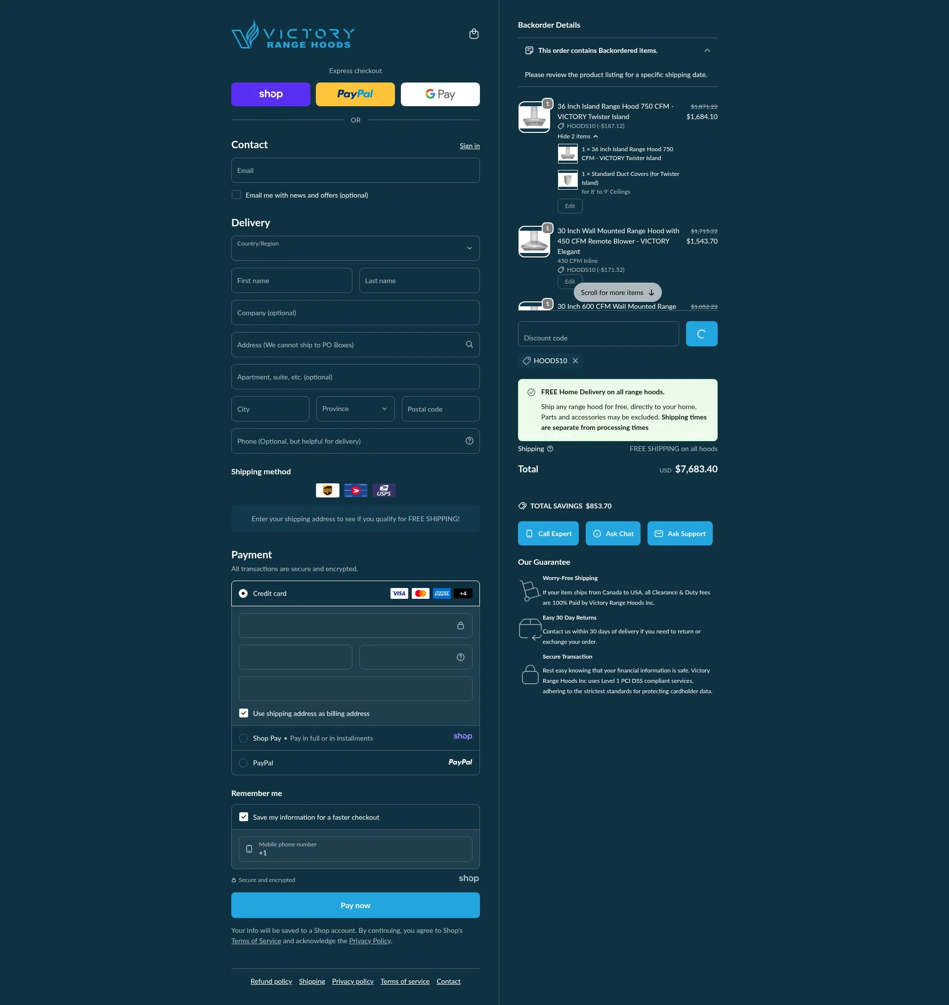 Victory Range Hoods checkout page showing Victory Range Hoods discount code box | Screenshot taken by SimplyCodes community member on Dec 20, 2025