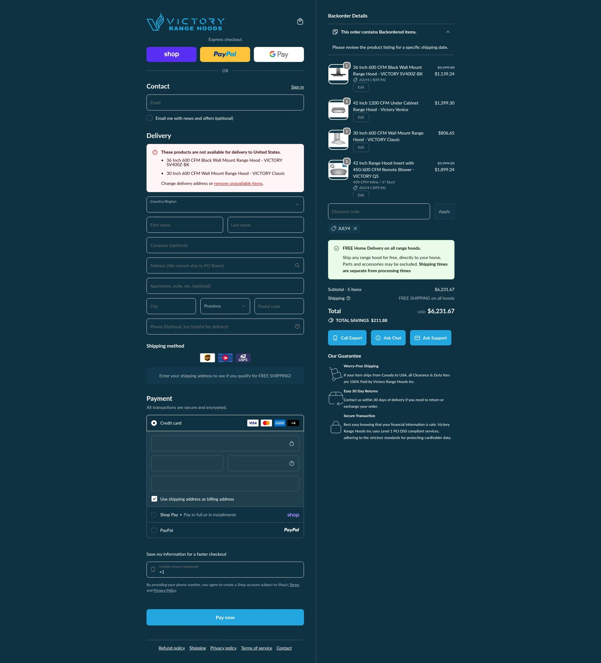 Victory Range Hoods checkout page showing Victory Range Hoods discount code box | Screenshot taken by SimplyCodes community member on Feb 12, 2026