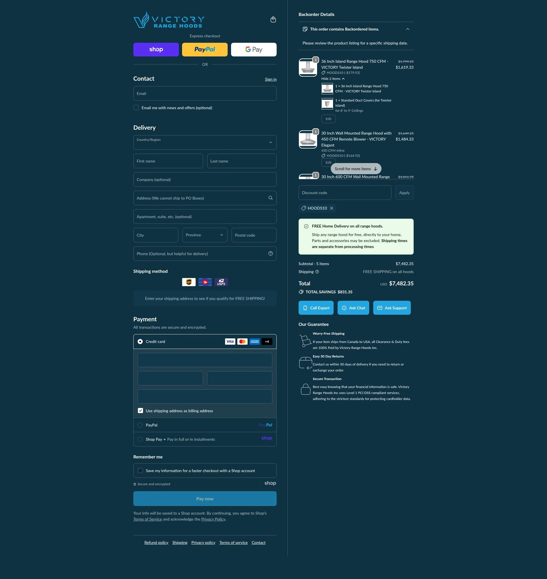 Victory Range Hoods checkout page showing Victory Range Hoods discount code box | Screenshot taken by SimplyCodes community member on Dec 7, 2025