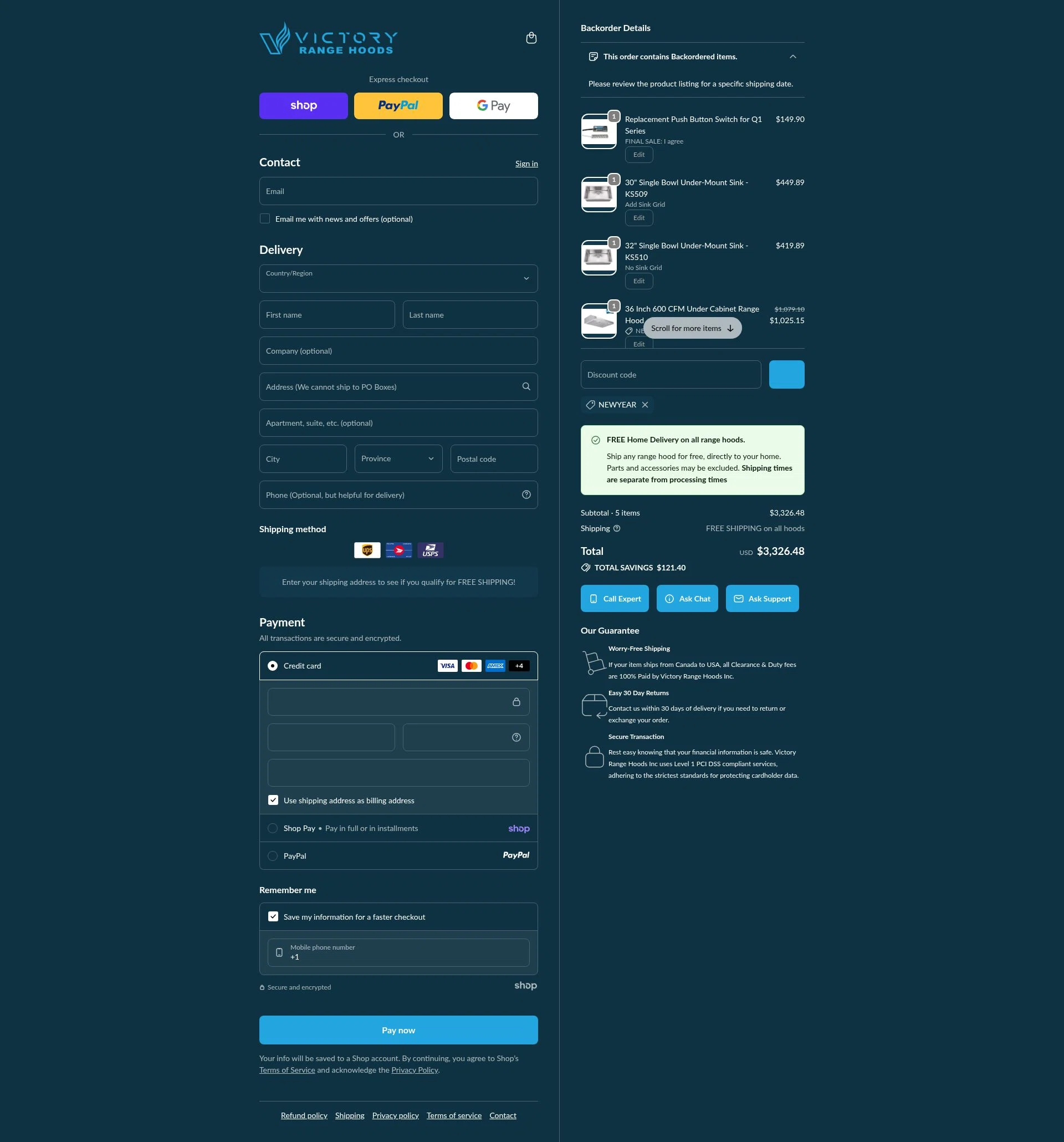 Victory Range Hoods checkout page showing Victory Range Hoods discount code box | Screenshot taken by SimplyCodes community member on Jan 24, 2026