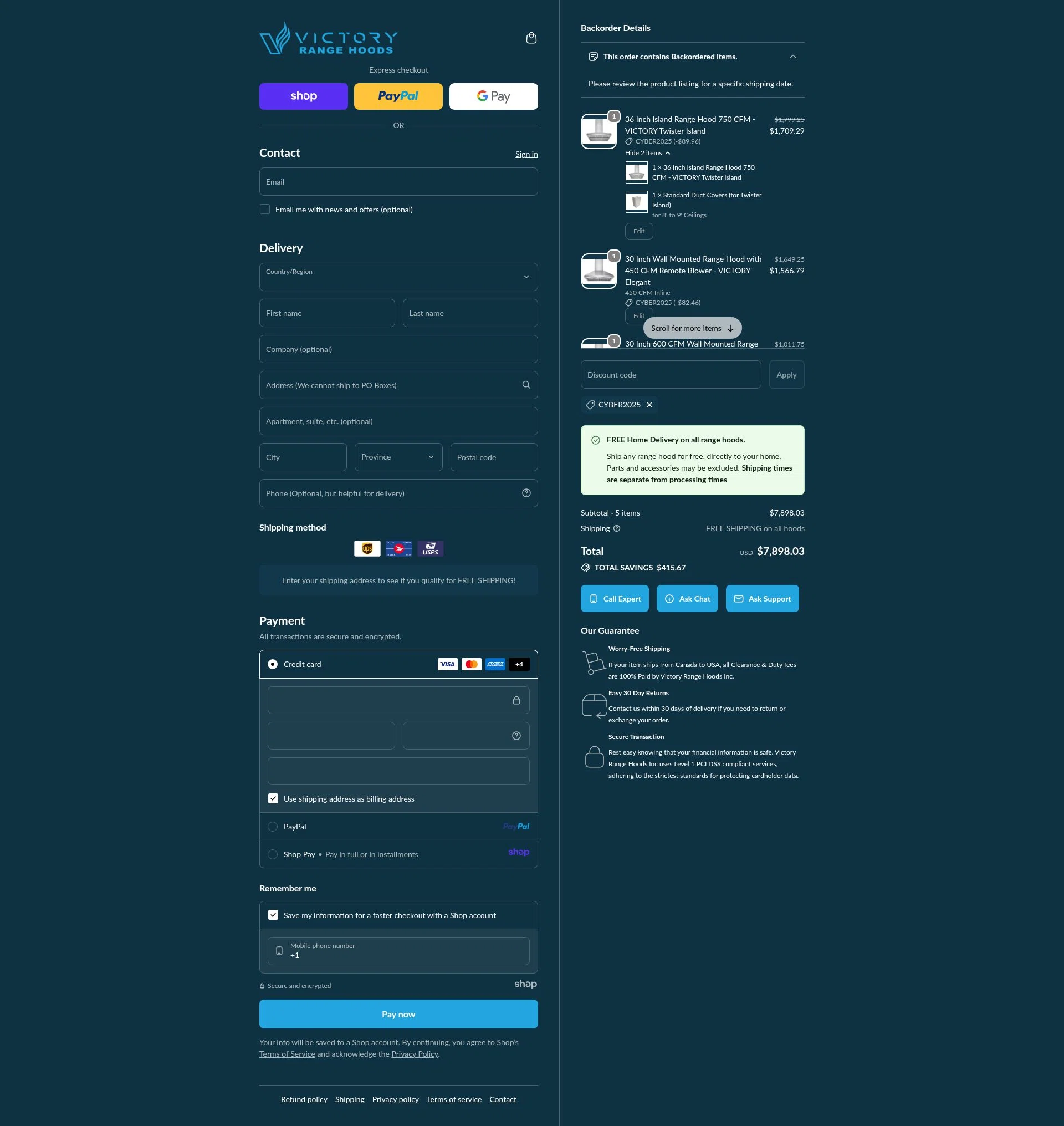 Victory Range Hoods checkout page showing Victory Range Hoods discount code box | Screenshot taken by SimplyCodes community member on Dec 7, 2025