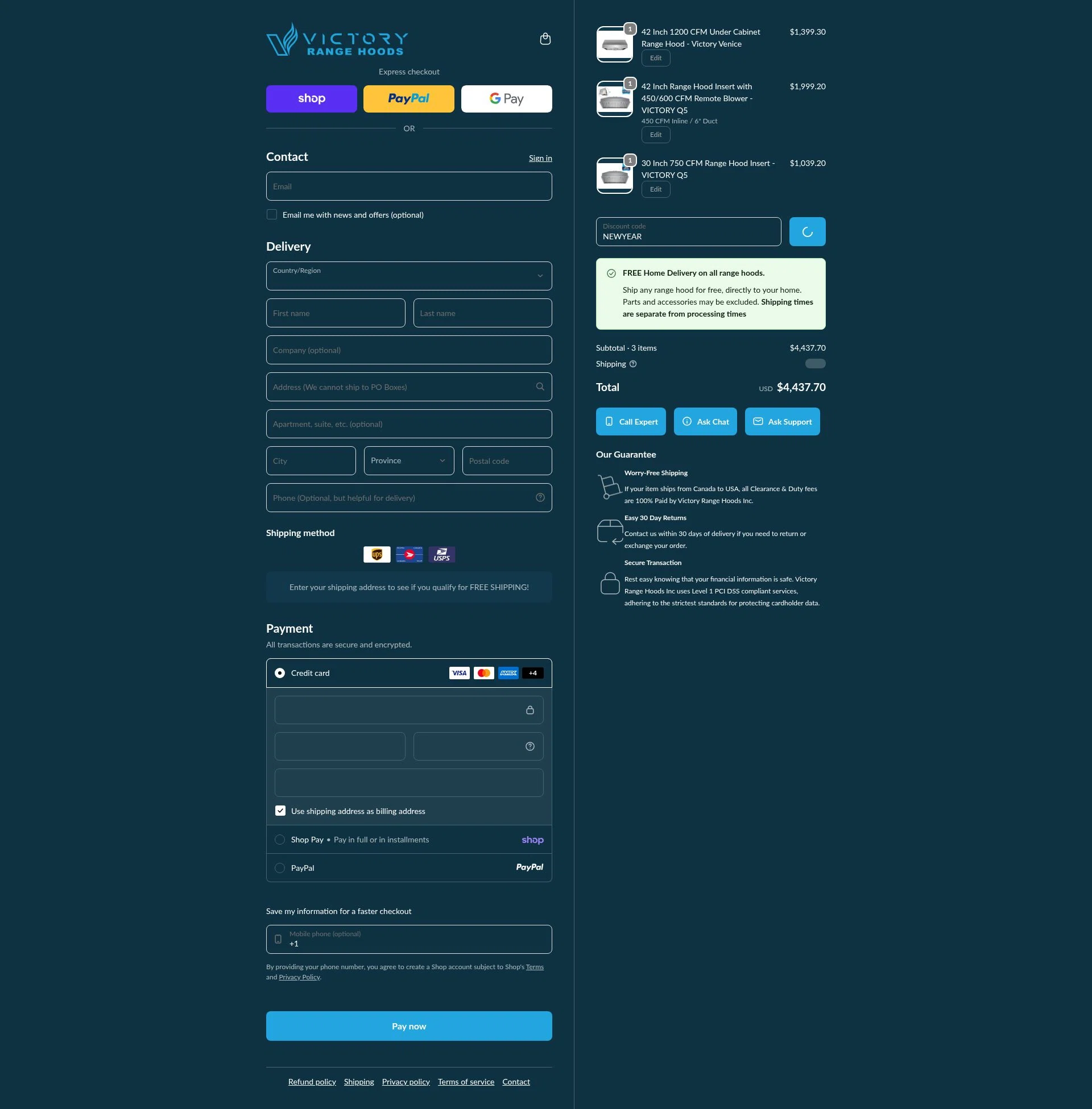 Victory Range Hoods checkout page showing Victory Range Hoods discount code box | Screenshot taken by SimplyCodes community member on Feb 19, 2026