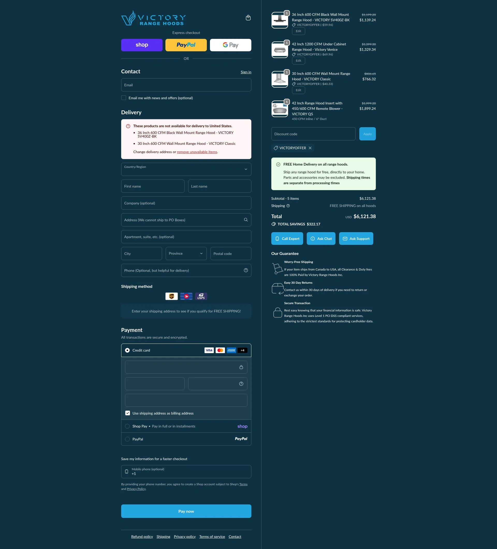 Victory Range Hoods checkout page showing Victory Range Hoods discount code box | Screenshot taken by SimplyCodes community member on Feb 11, 2026