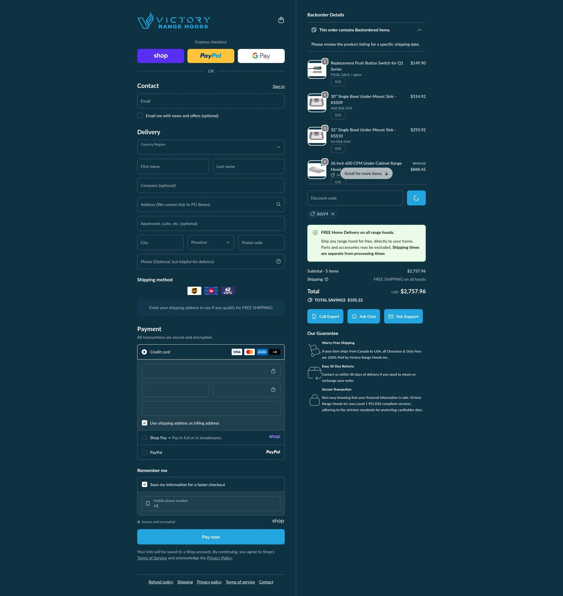 Victory Range Hoods checkout page showing Victory Range Hoods discount code box | Screenshot taken by SimplyCodes community member on Jan 9, 2026