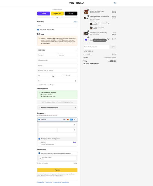 Victrola checkout page showing Victrola discount code box | Screenshot taken by SimplyCodes community member on Sep 16, 2025