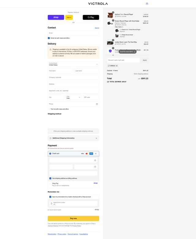 Victrola checkout page showing Victrola discount code box | Screenshot taken by SimplyCodes community member on Sep 16, 2025