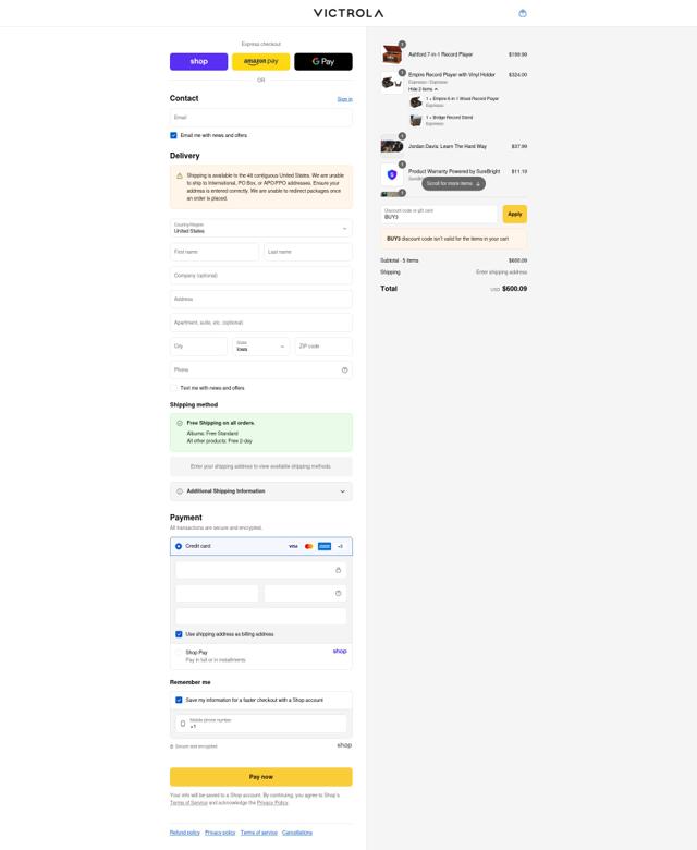 Victrola checkout page showing Victrola discount code box | Screenshot taken by SimplyCodes community member on Sep 16, 2025