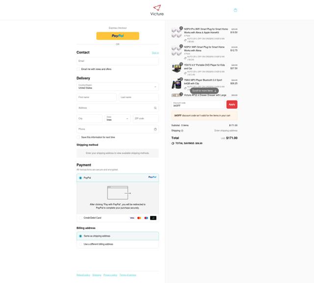 Victure checkout page showing Victure discount code box | Screenshot taken by SimplyCodes community member on Sep 12, 2025