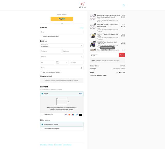 Victure checkout page showing Victure discount code box | Screenshot taken by SimplyCodes community member on Sep 8, 2025