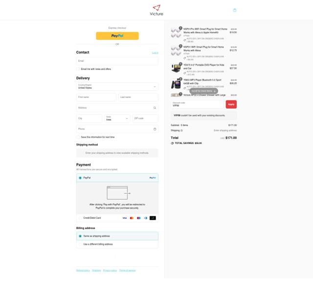 Victure checkout page showing Victure discount code box | Screenshot taken by SimplyCodes community member on Sep 8, 2025