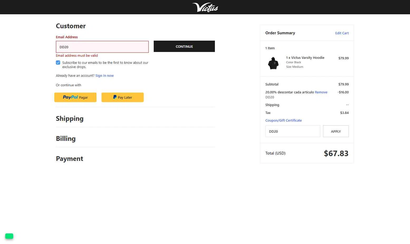 Victus Sports checkout page showing Victus Sports coupon code box | Screenshot taken by SimplyCodes community member on Aug 26, 2025