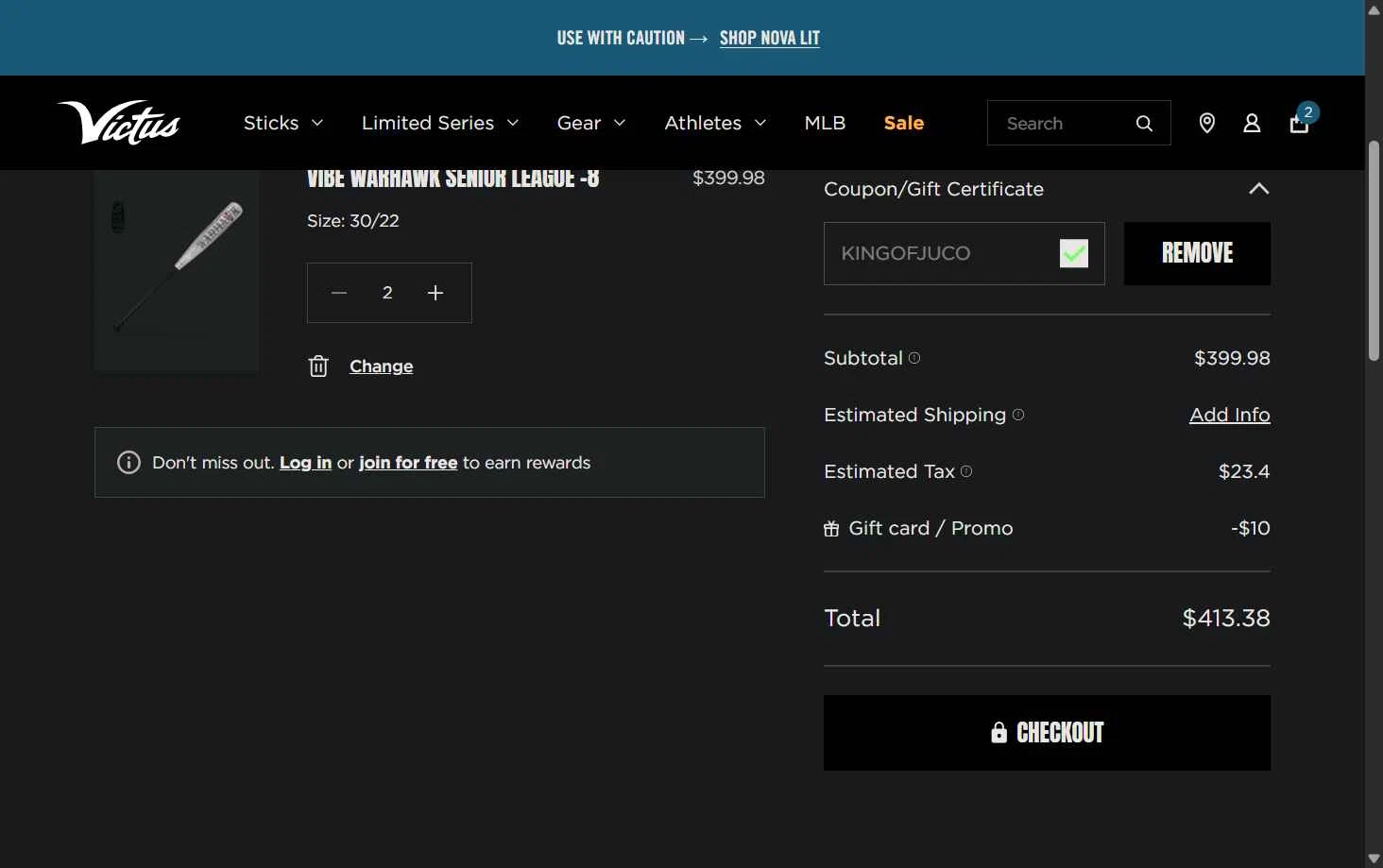 Victus Sports checkout page showing Victus Sports coupon code box | Screenshot taken by SimplyCodes community member on Jan 13, 2026