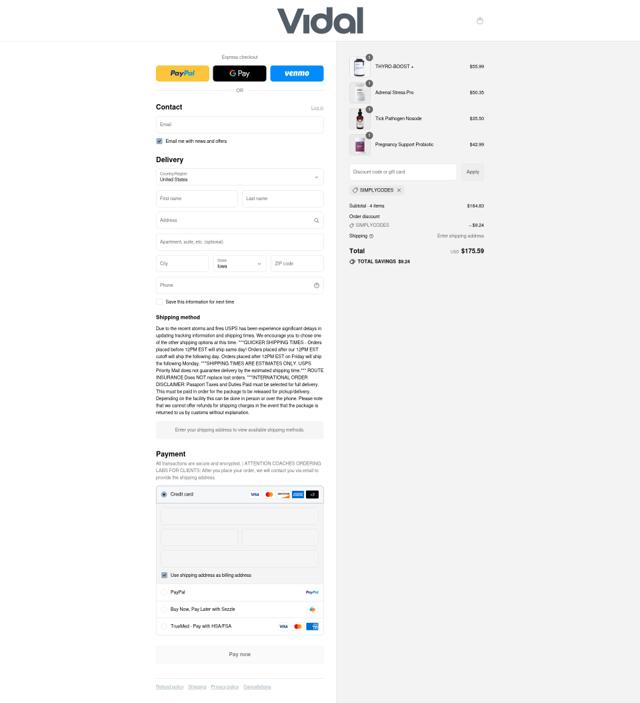 Vidal Coaching checkout page showing Vidal Coaching discount code box | Screenshot taken by SimplyCodes community member on Sep 6, 2025