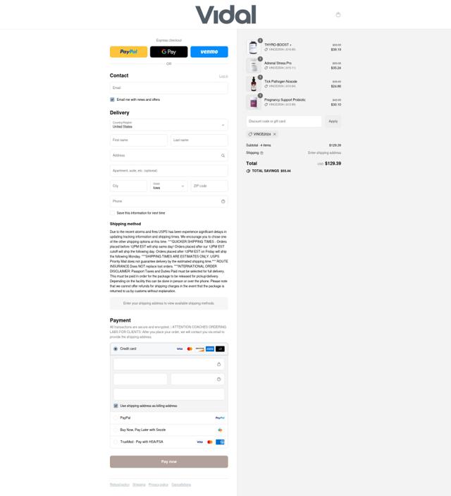 Vidal Coaching checkout page showing Vidal Coaching discount code box | Screenshot taken by SimplyCodes community member on Sep 6, 2025