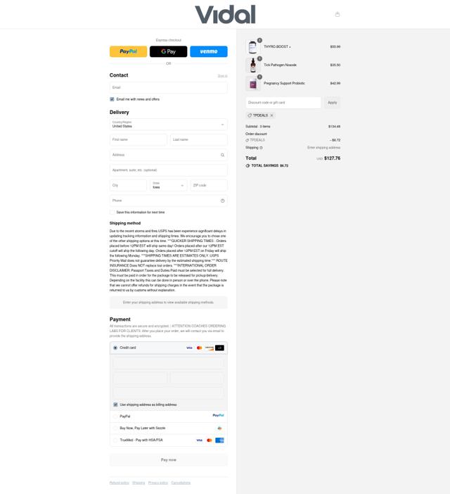 Vidal Coaching checkout page showing Vidal Coaching discount code box | Screenshot taken by SimplyCodes community member on Sep 10, 2025