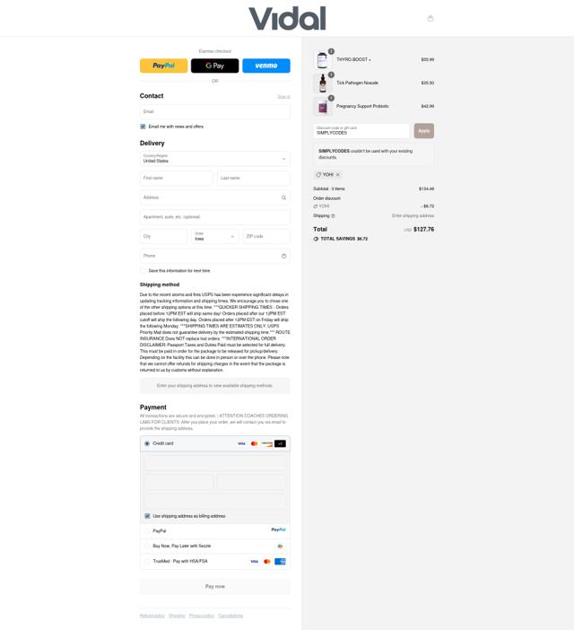 Vidal Coaching checkout page showing Vidal Coaching discount code box | Screenshot taken by SimplyCodes community member on Sep 10, 2025