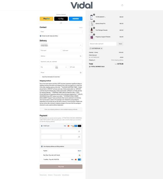 Vidal Coaching checkout page showing Vidal Coaching discount code box | Screenshot taken by SimplyCodes community member on Sep 6, 2025