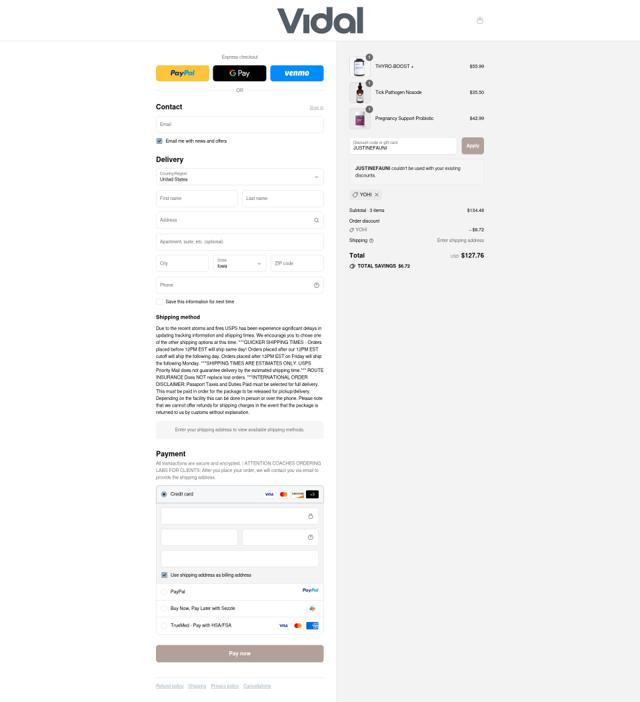 Vidal Coaching checkout page showing Vidal Coaching discount code box | Screenshot taken by SimplyCodes community member on Sep 10, 2025