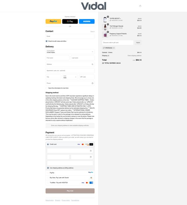 Vidal Coaching checkout page showing Vidal Coaching discount code box | Screenshot taken by SimplyCodes community member on Sep 10, 2025