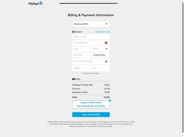 VidAngel checkout page showing VidAngel promo code box | Screenshot taken by SimplyCodes community member on Sep 1, 2025
