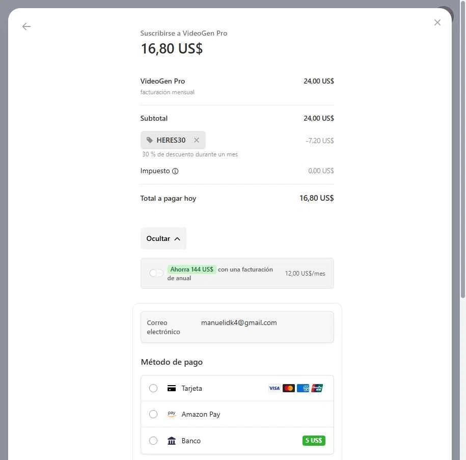 VideoGen checkout page showing VideoGen coupon code box | Screenshot taken by SimplyCodes community member on May 6, 2025