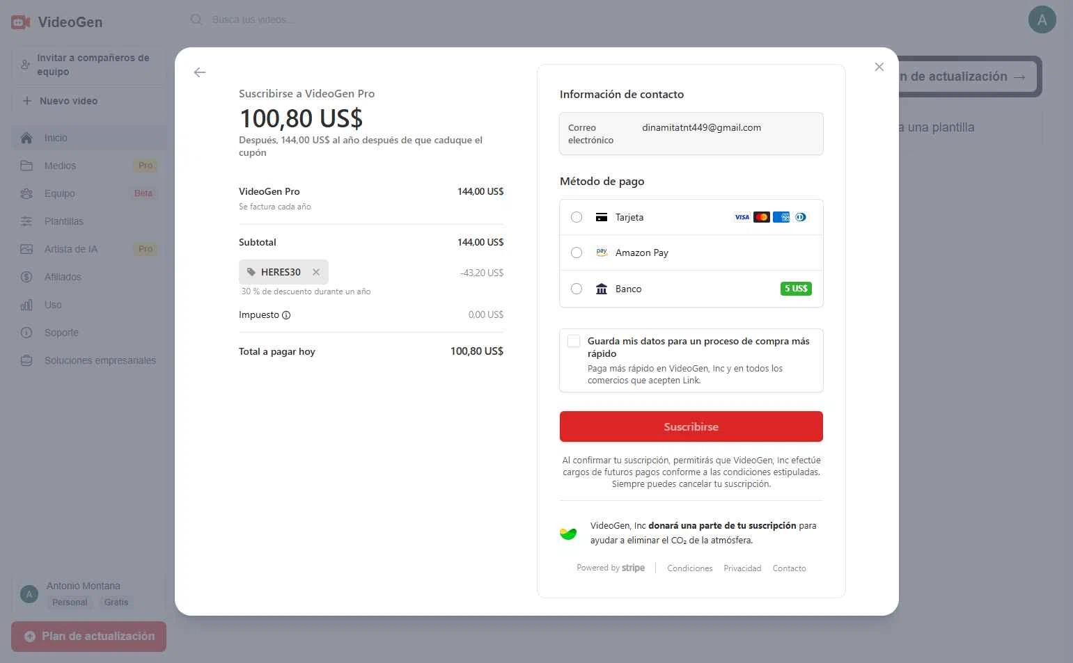 VideoGen checkout page showing VideoGen coupon code box | Screenshot taken by SimplyCodes community member on Jul 10, 2025
