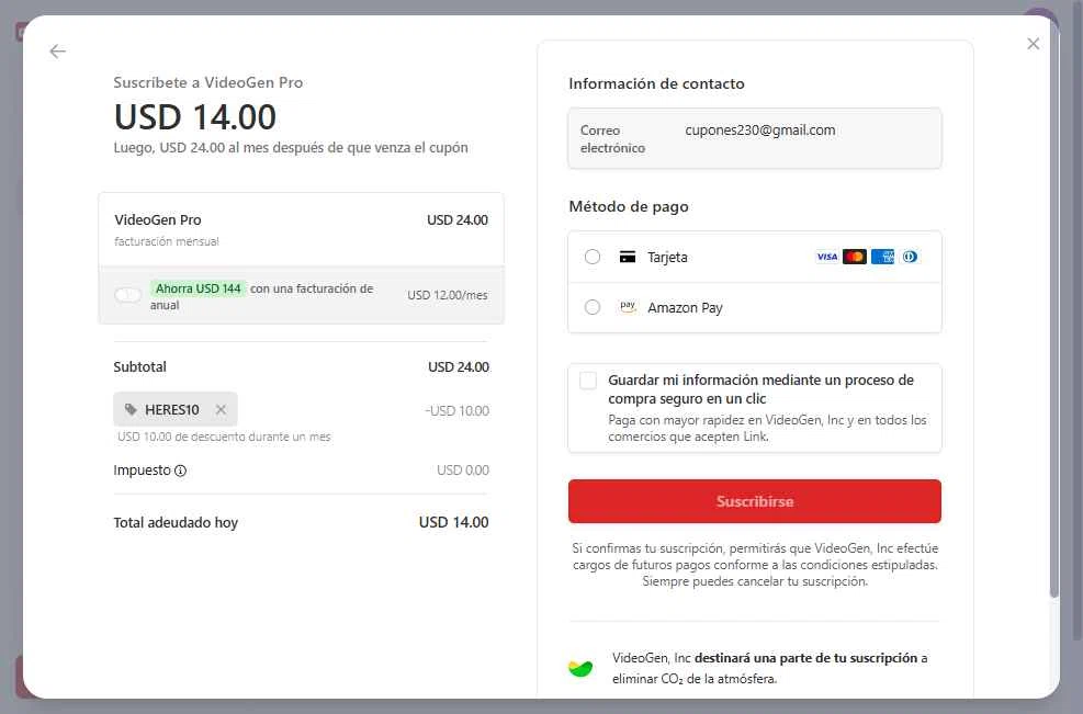 VideoGen checkout page showing VideoGen coupon code box | Screenshot taken by SimplyCodes community member on Jun 12, 2025
