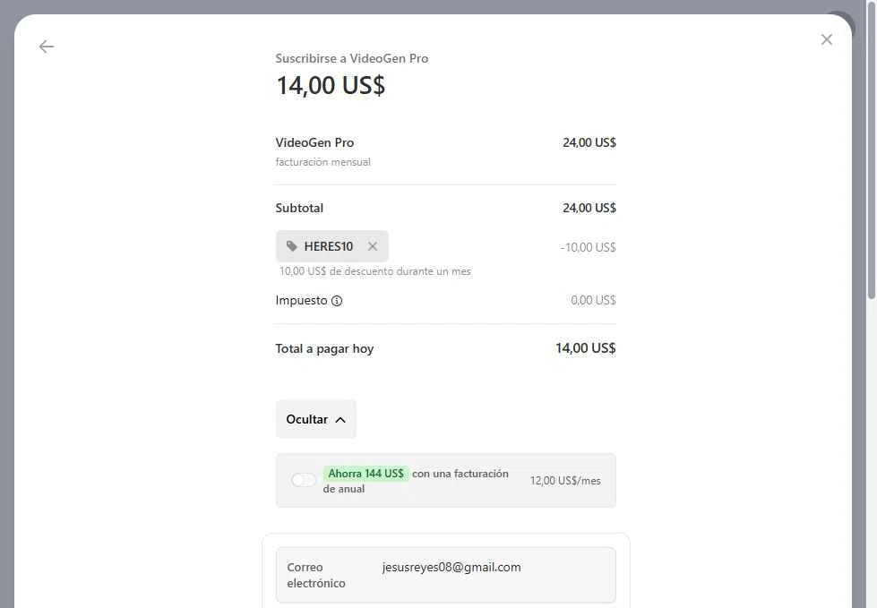 VideoGen checkout page showing VideoGen coupon code box | Screenshot taken by SimplyCodes community member on Apr 22, 2025
