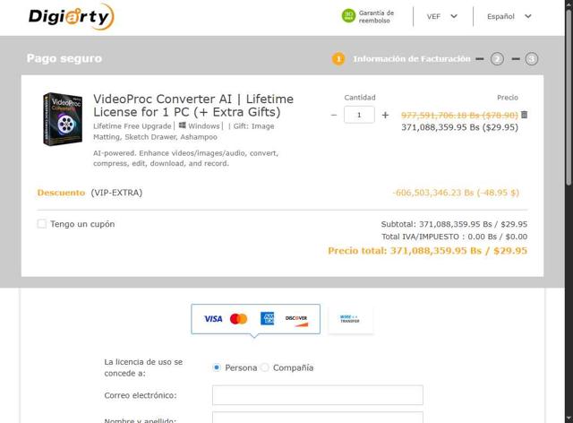 VideoProc checkout page showing VideoProc discount code box | Screenshot taken by SimplyCodes community member on Aug 1, 2025
