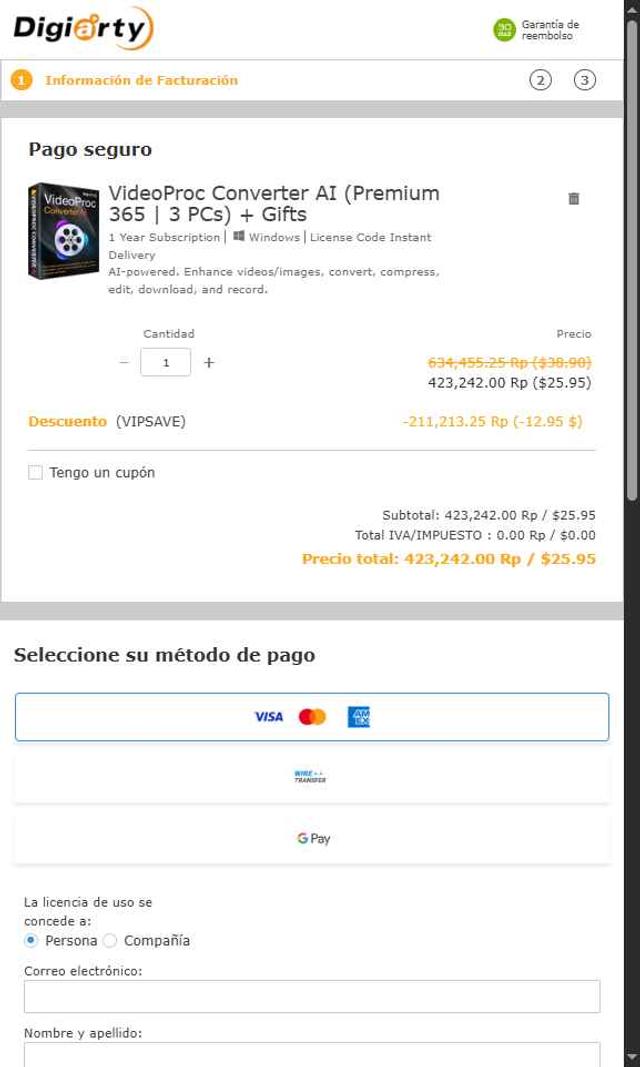 VideoProc checkout page showing VideoProc discount code box | Screenshot taken by SimplyCodes community member on Aug 12, 2025