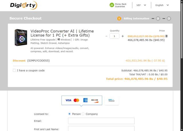 VideoProc checkout page showing VideoProc discount code box | Screenshot taken by SimplyCodes community member on Jul 13, 2025