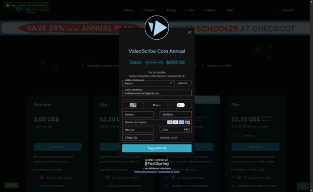 VideoScribe checkout page showing VideoScribe promo code box | Screenshot taken by SimplyCodes community member on Aug 22, 2025