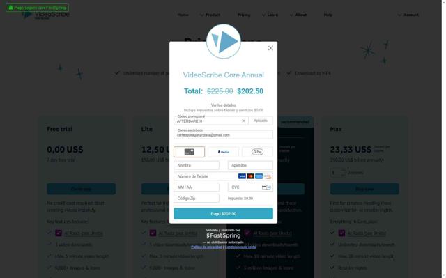 VideoScribe checkout page showing VideoScribe promo code box | Screenshot taken by SimplyCodes community member on Aug 30, 2025