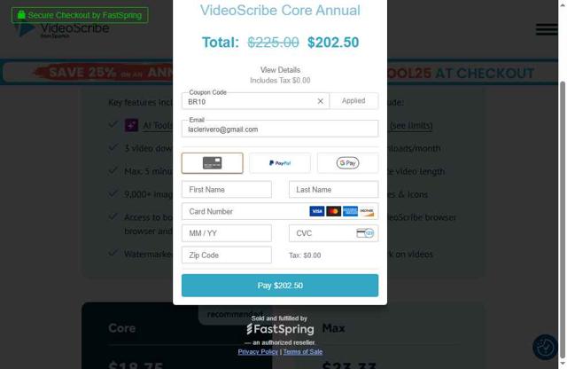 VideoScribe checkout page showing VideoScribe promo code box | Screenshot taken by SimplyCodes community member on Aug 22, 2025