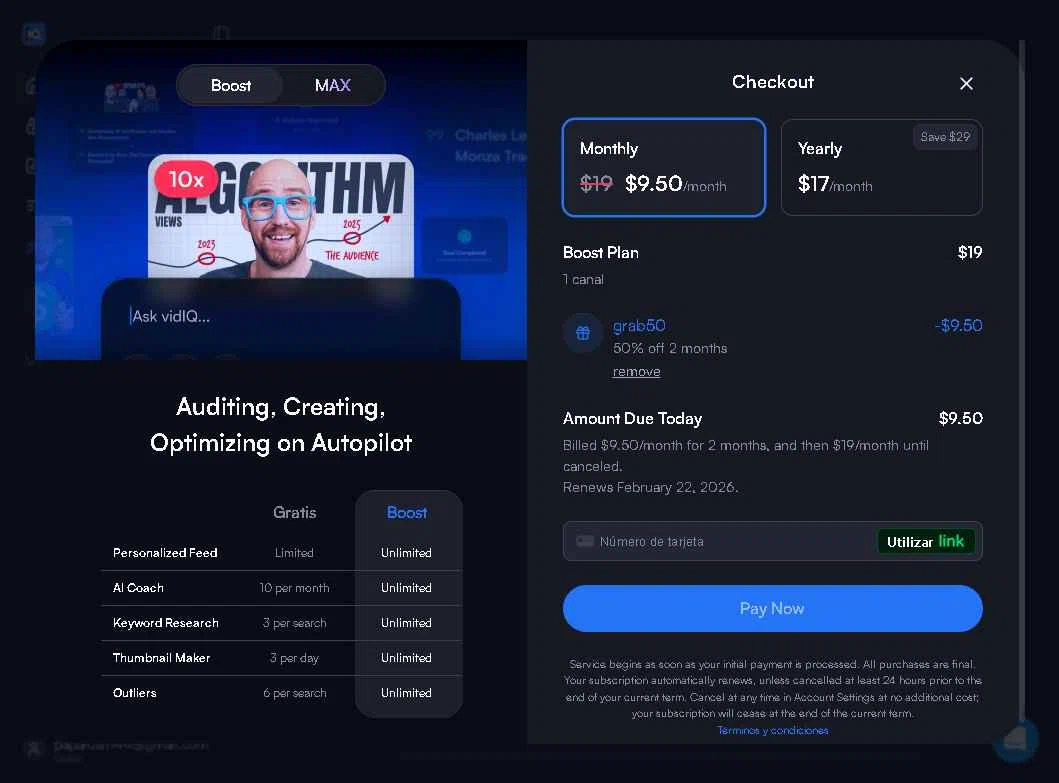 vidIQ checkout page showing vidIQ promo code box | Screenshot taken by SimplyCodes community member on Jan 22, 2026