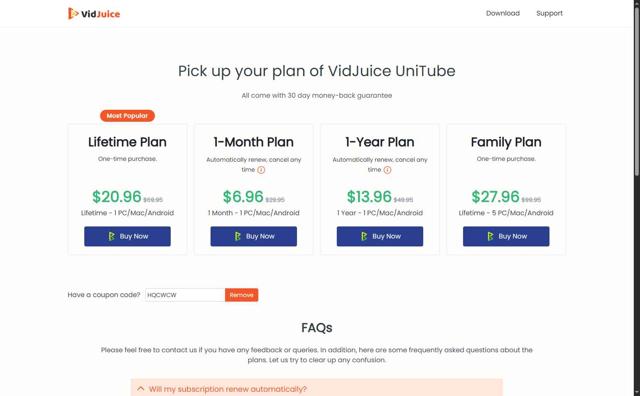 VidJuice checkout page showing VidJuice coupon code box | Screenshot taken by SimplyCodes community member on Aug 11, 2025