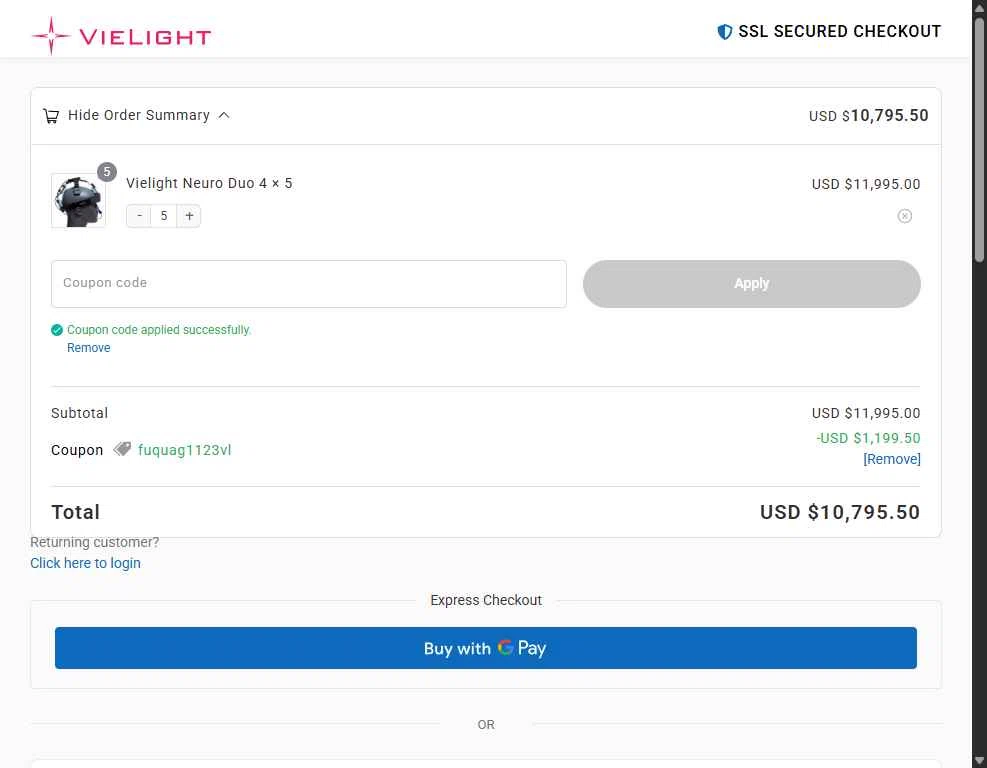 Vielight checkout page showing Vielight coupon code box | Screenshot taken by SimplyCodes community member on Feb 12, 2026