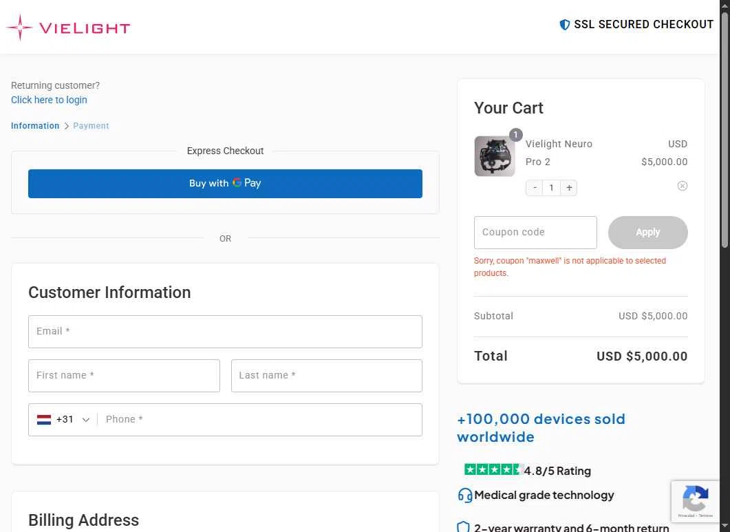 Vielight checkout page showing Vielight coupon code box | Screenshot taken by SimplyCodes community member on Jan 14, 2026