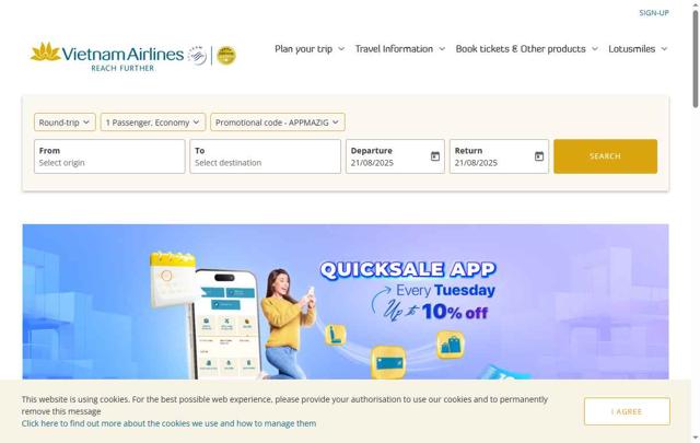 Vietnam Airlines checkout page showing Vietnam Airlines promo code box | Screenshot taken by SimplyCodes community member on Aug 21, 2025