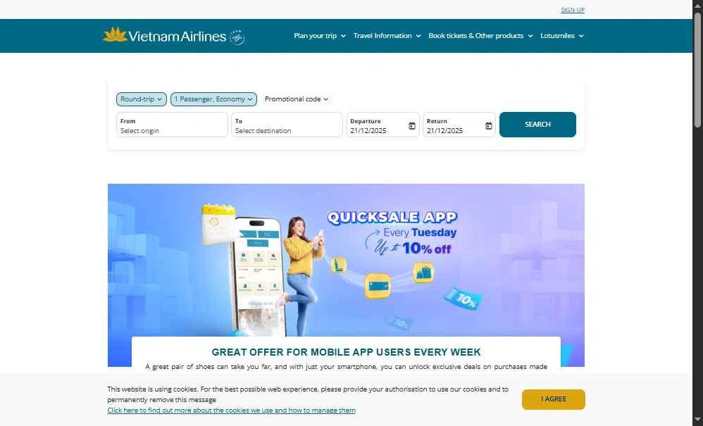 Vietnam Airlines checkout page showing Vietnam Airlines promo code box | Screenshot taken by SimplyCodes community member on Dec 21, 2025