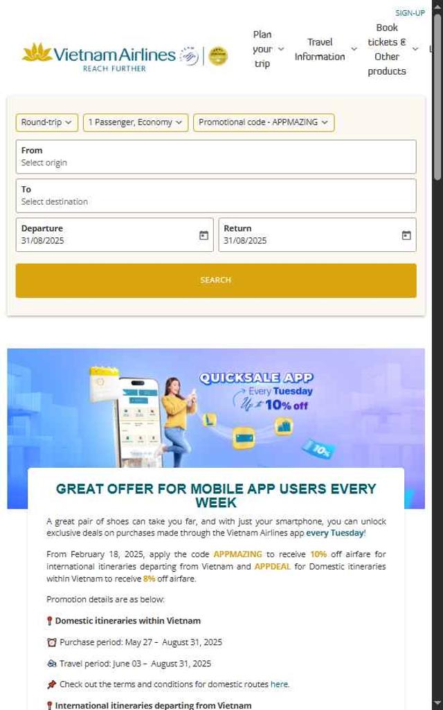 Vietnam Airlines checkout page showing Vietnam Airlines promo code box | Screenshot taken by SimplyCodes community member on Aug 31, 2025