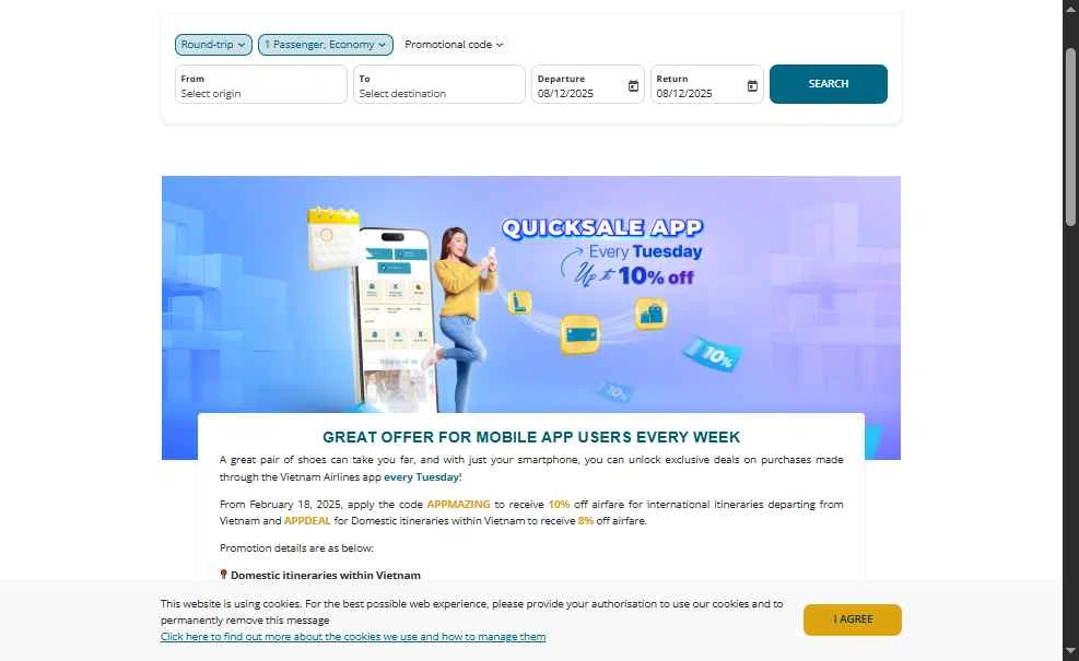 Vietnam Airlines checkout page showing Vietnam Airlines promo code box | Screenshot taken by SimplyCodes community member on Dec 8, 2025