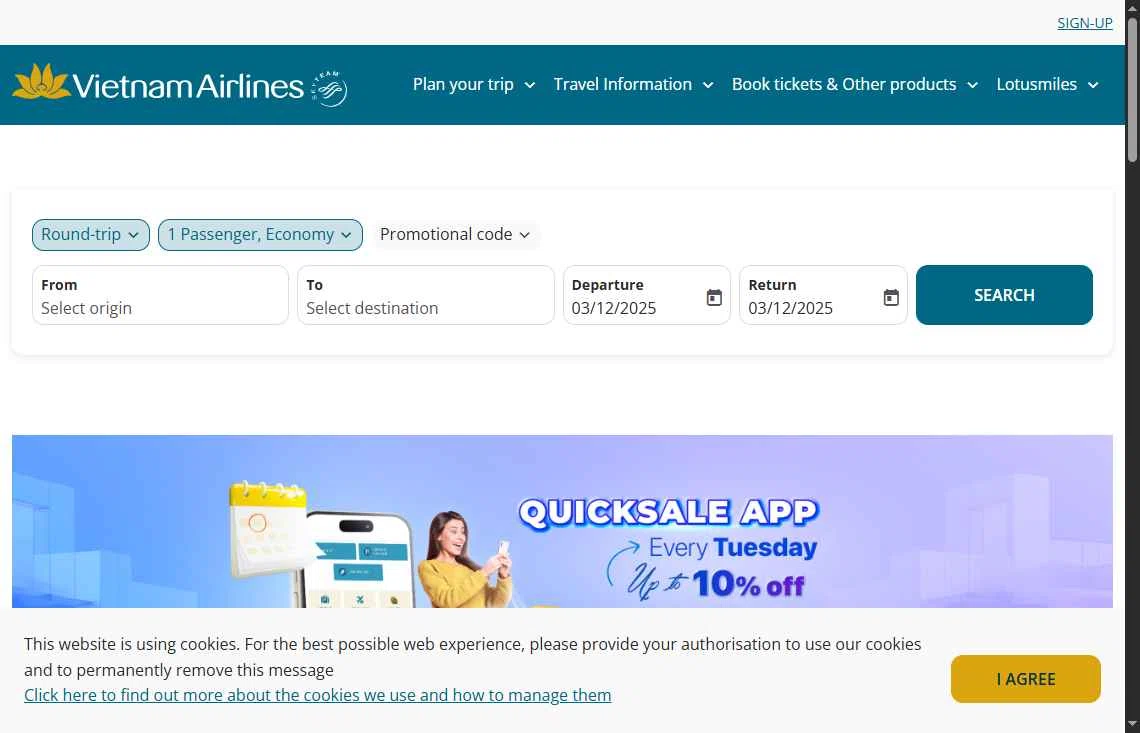 Vietnam Airlines checkout page showing Vietnam Airlines promo code box | Screenshot taken by SimplyCodes community member on Dec 3, 2025