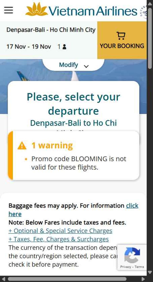 Vietnam Airlines checkout page showing Vietnam Airlines promo code box | Screenshot taken by SimplyCodes community member on Sep 11, 2025