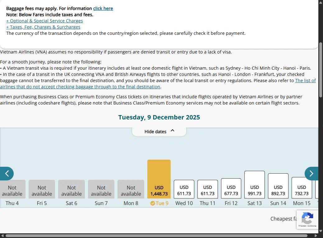 Vietnam Airlines checkout page showing Vietnam Airlines promo code box | Screenshot taken by SimplyCodes community member on Dec 7, 2025